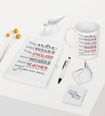 Kişiye Özel İngilizce Öğretmeni Temalı Beyaz Defter Kalem Kupa Ayna Seti - 7