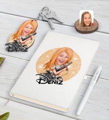 Kişiye Özel Kadın Kuaför Karikatürlü Beyaz Defter Kalem ve Anahtarlık Hediye Seti-2