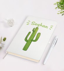 Kişiye Özel İsimli Kaktüs Tasarımlı Beyaz Defter ve Kalem Seti-1