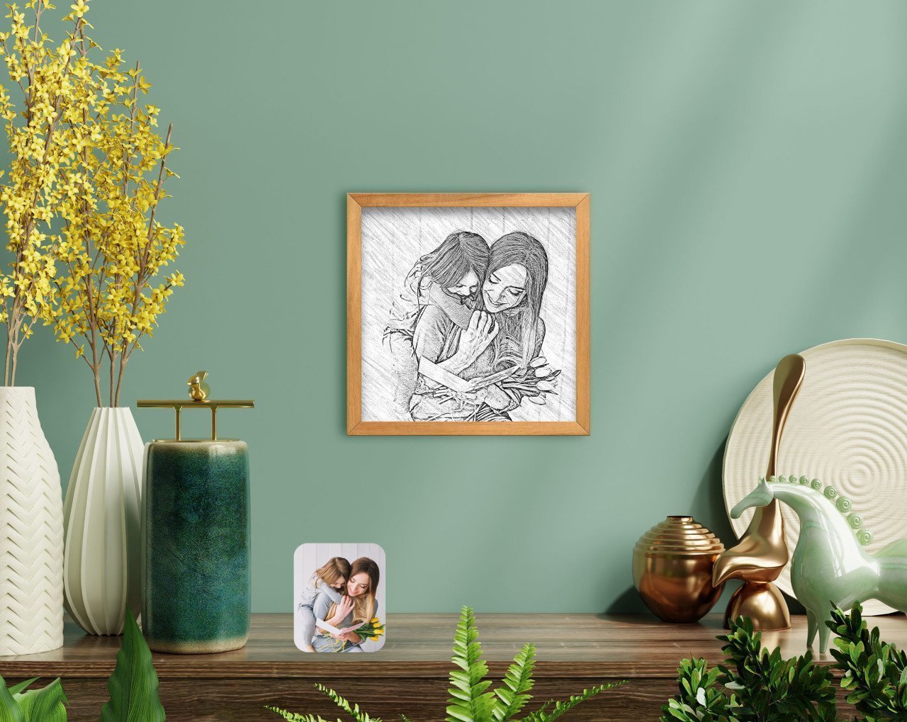BK Home Karakalem Anne Kız Fotoğraflı El Yapımı Ahşap Çerçeveli Tablo-1