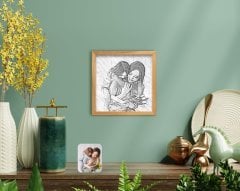 BK Home Karakalem Anne Kız Fotoğraflı El Yapımı Ahşap Çerçeveli Tablo-1