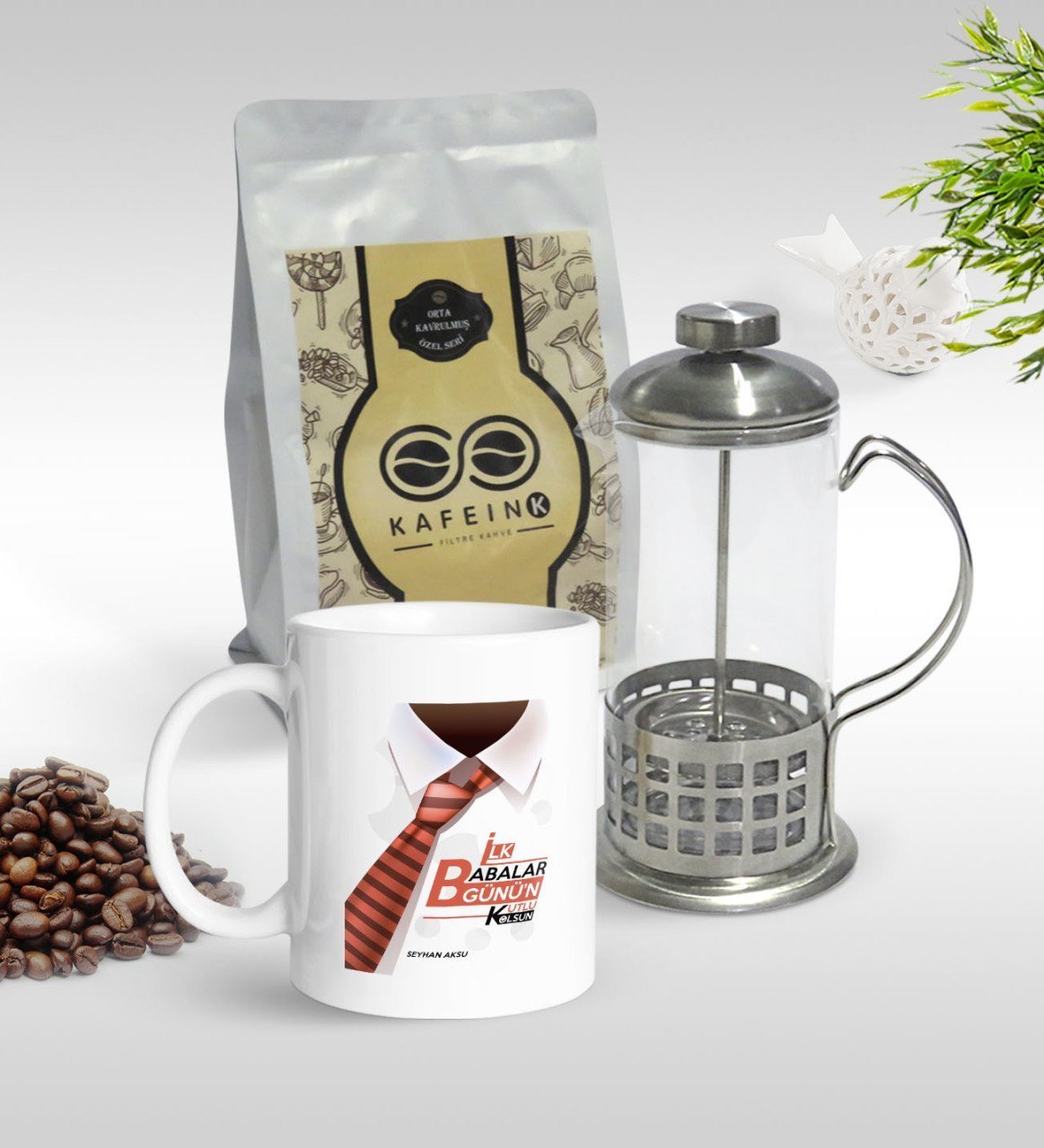 Kişiye Özel İlk Babalar Günü Tasarımlı Kupa & French Press & 250gr Filtre Kahve Hediye Seti-4