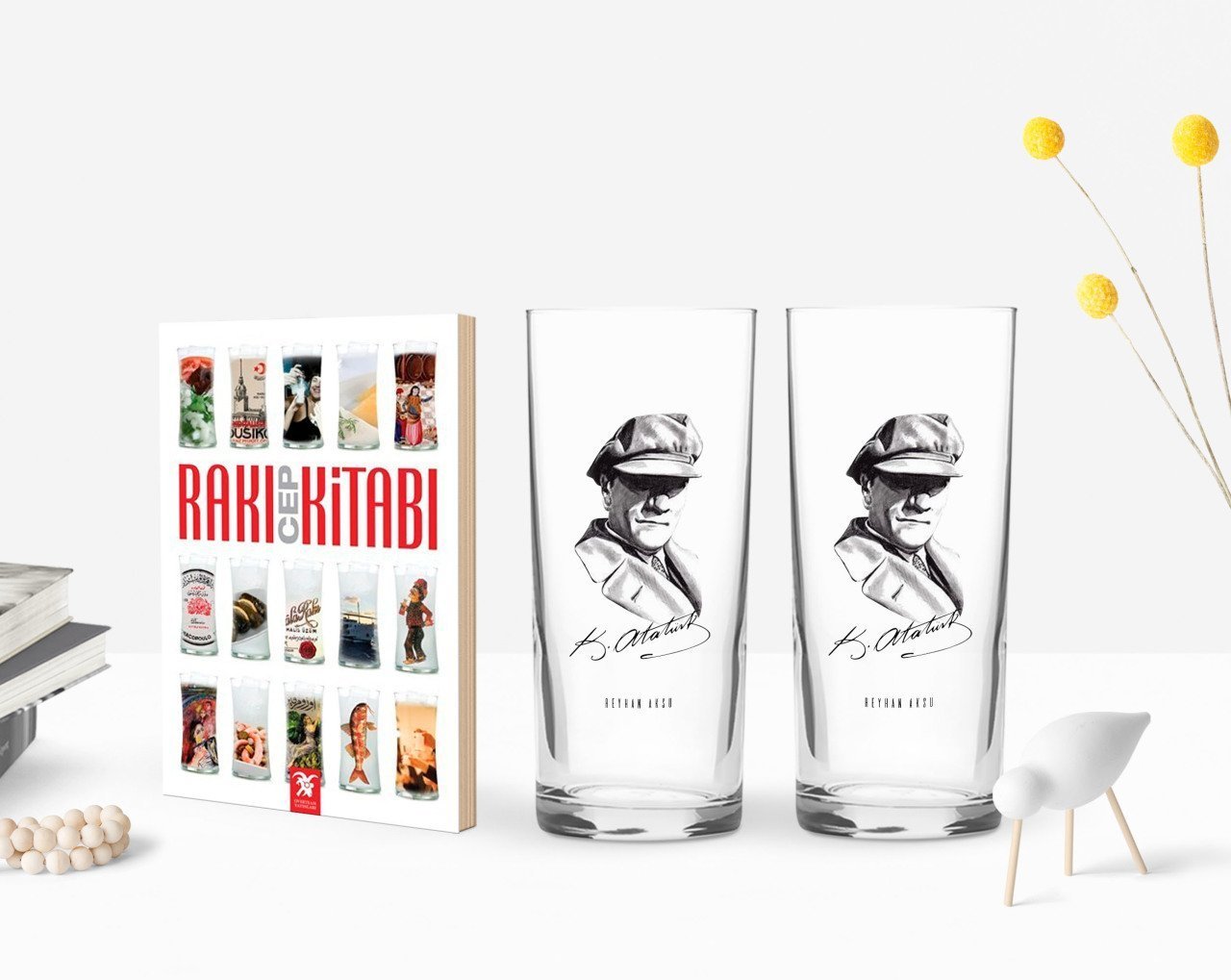 Kişiye Özel Renkli Baskılı Atatürk Temalı İkili Rakı Bardağı ve Rakı Cep Kitabı Hediye Seti-17