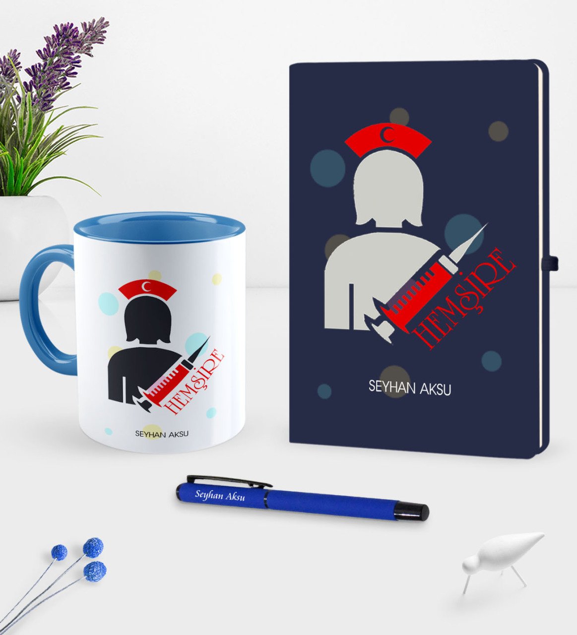 Kişiye Özel Hemşire Temalı Lacivert Defter Kalem Kupa Seti - 3