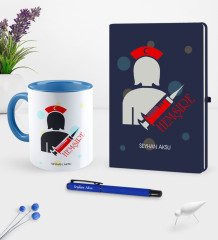 Kişiye Özel Hemşire Temalı Lacivert Defter Kalem Kupa Seti - 3
