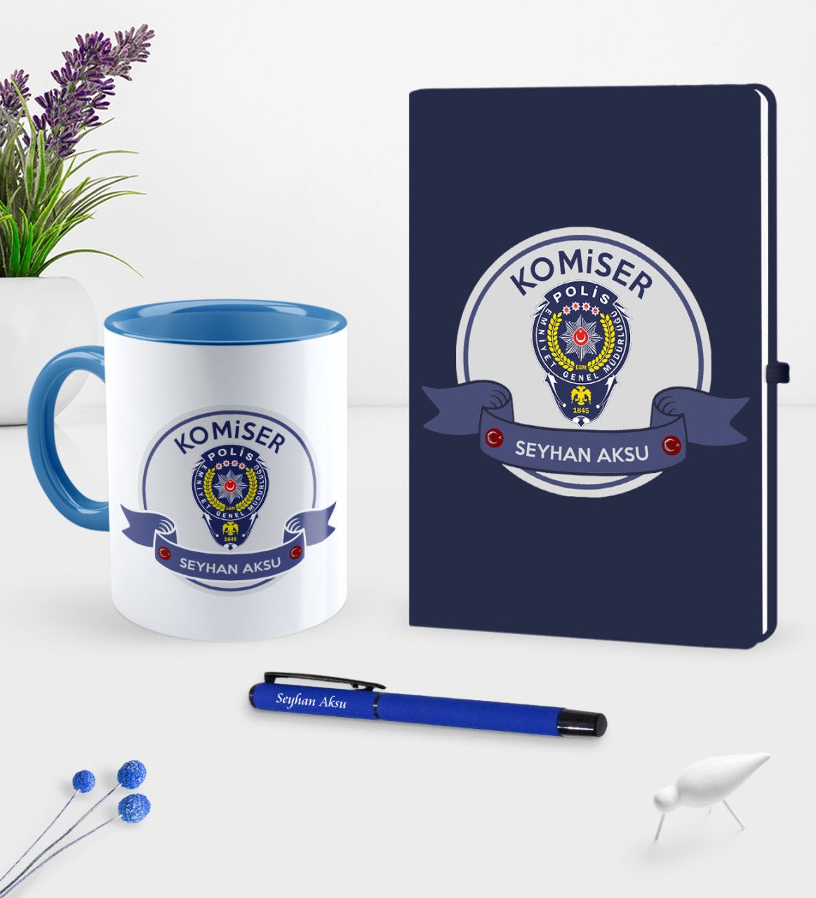 Kişiye Özel Komiser Temalı Lacivert Defter Kalem Kupa Seti - 1