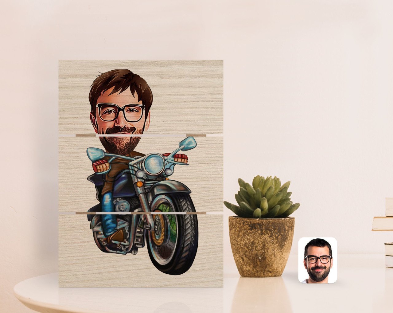 Kişiye Özel Erkek Motorcu Karikatürlü Otantik Masaüstü Ahşap Palet Çerçeve-2