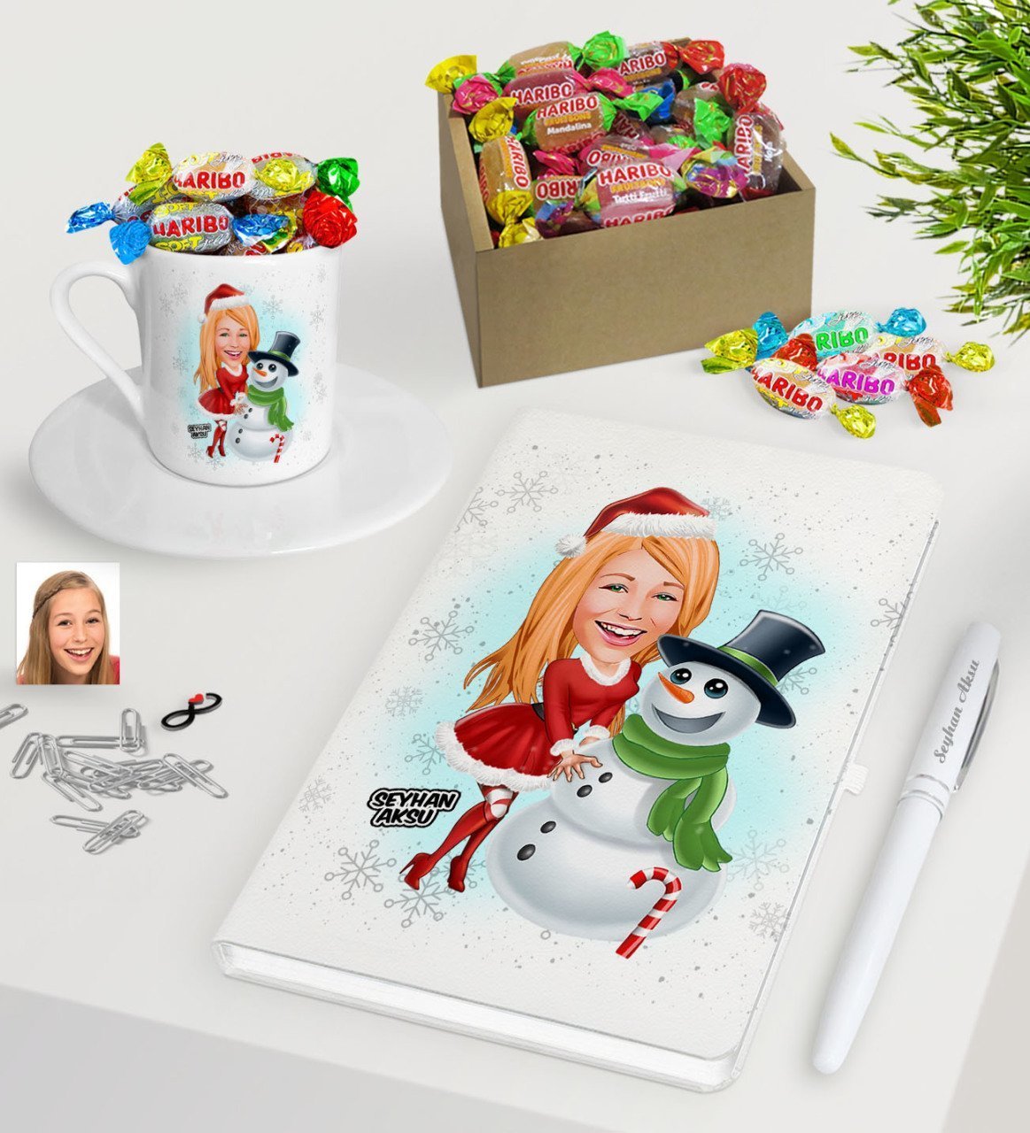 Kişiye Özel Kadın Yeni Yıl Karikatürlü Beyaz Defter Kalem Türk Kahvesi Fincanı ve Kutulu Haribo Şeker Hediye Seti-2