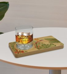 Kişiye Özel Yapraklar Tasarımlı Doğal Ahşap Tabaklı Viski Bardağı Sunum Seti Model 6