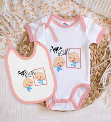 BK Kids Aynı Bubası Tasarımlı Pembe Bebek Body Zıbın ve Mama Önlüğü Hediye Seti-1