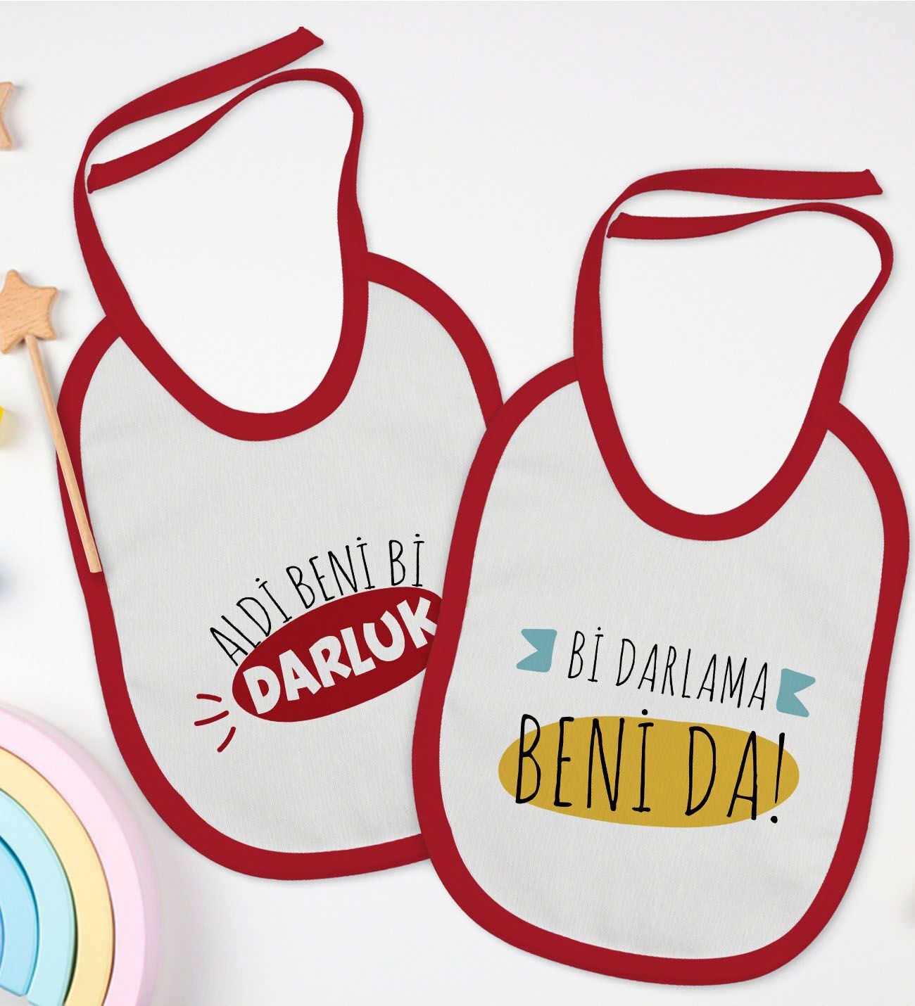 BK Kids Darlama Beni ve Darluk Tasarımlı 2’li Kırmızı Mama Önlüğü-1