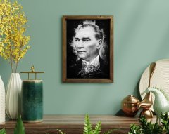 BK Home Atatürk Tasarımlı Doğal Masif Ahşap Çerçeveli Tablo 45x65cm-14