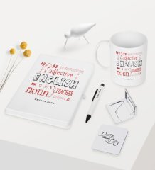 Kişiye Özel İngilizce Öğretmeni Temalı Beyaz Defter Kalem Kupa Ayna Seti - 6