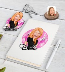 Kişiye Özel Kadın Güzellik Uzmanı Karikatürlü Beyaz Defter Kalem ve Anahtarlık Hediye Seti-3