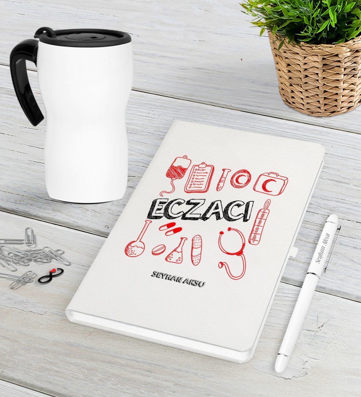 Kişiye Özel Eczacı Beyaz Defter Kalem Termos Mug Seti-2