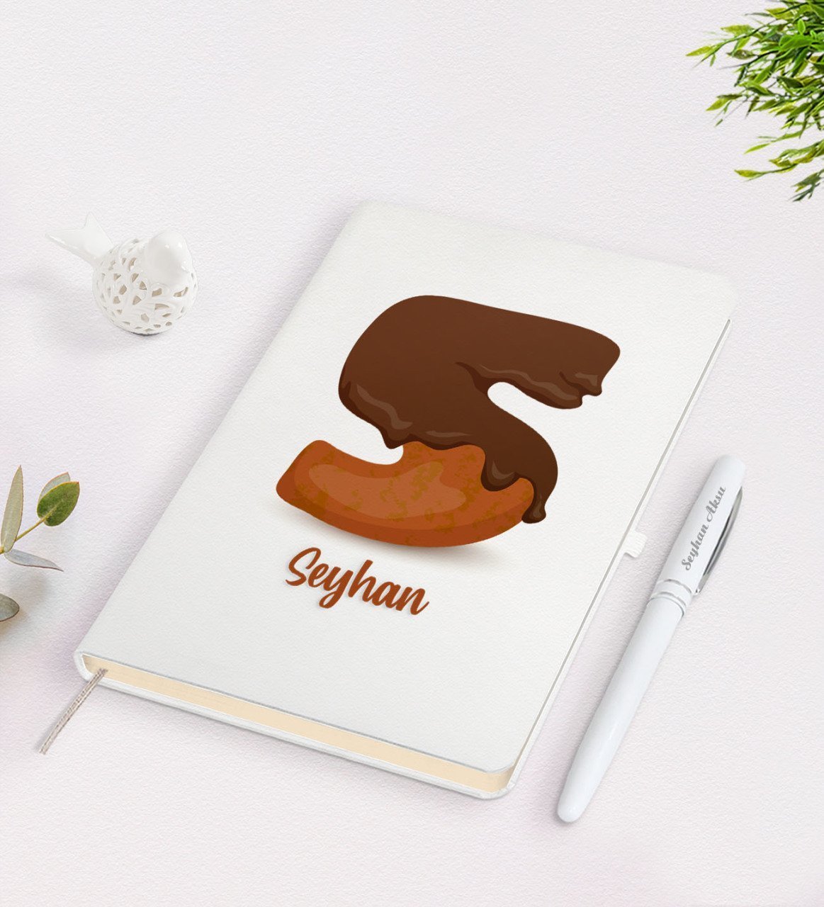 Kişiye Özel Çikolata Harfli İsimli Beyaz Defter ve Kalem Seti-2