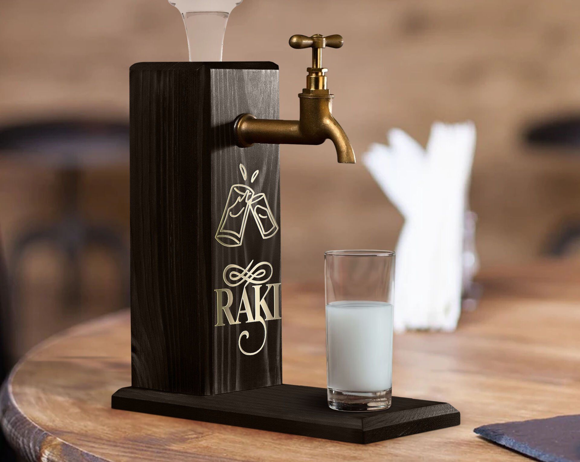 BK Gift Aynalı Altın Kabartma Musluklu Doğal Siyah(Ebony) Ahşap Rakı Standı, Home Bar, İçecek Dispenseri, Ahşap İçecek Çeşmesi-2