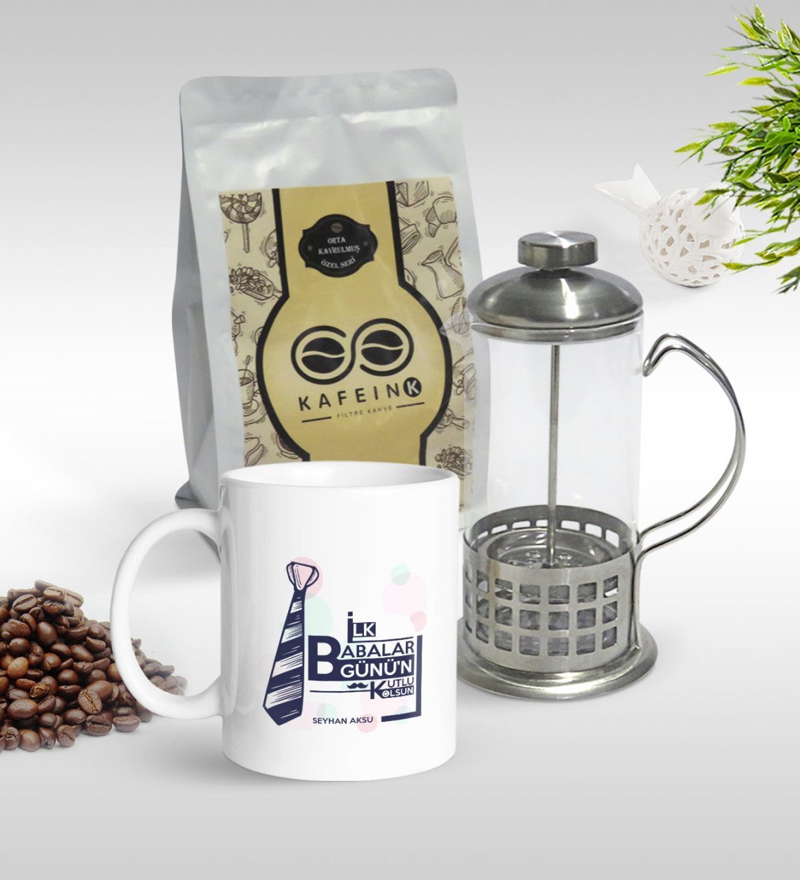 Kişiye Özel İlk Babalar Günü Tasarımlı Kupa & French Press & 250gr Filtre Kahve Hediye Seti-3