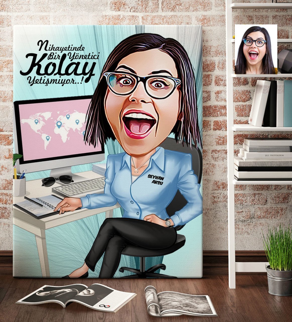 Kişiye Özel Bayan Genel Müdür Karikatür Kanvas Tablo (70 x 100 cm.) 1