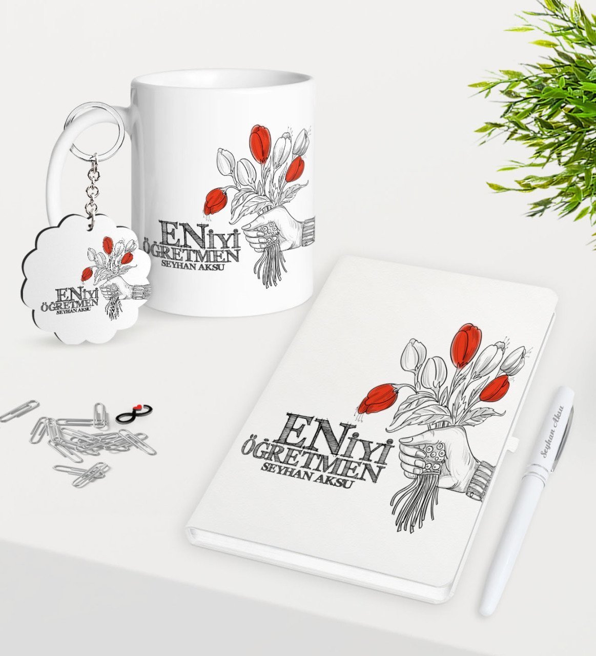 Kişiye Özel En İyi Öğretmen Kupa Anahtarlık Beyaz Defter Kalem Hediye Seti-7