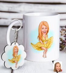Kişiye Özel Marilyn Monroe Karikatürlü Beyaz Kupa ve Anahtarlık Hediye Seti
