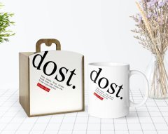 Kişiye Özel Ahşap Kutuda Dost Anlamı Tasarımlı Beyaz Kupa Bardak-1