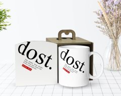 Kişiye Özel Ahşap Kutuda Dost Anlamı Tasarımlı Beyaz Kupa Bardak-1
