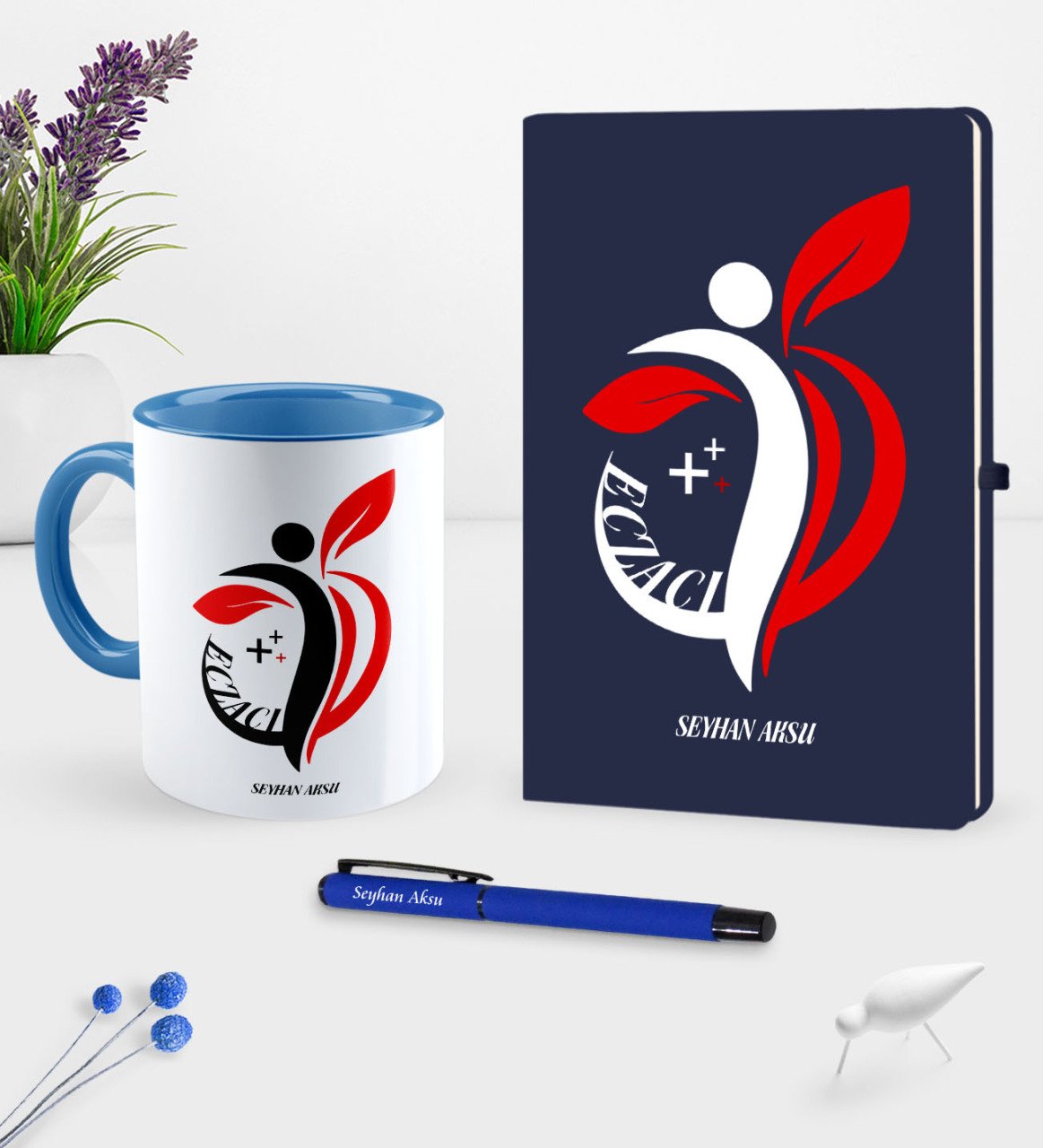 Kişiye Özel Eczacı Temalı Lacivert Defter Kalem Kupa Seti - 4