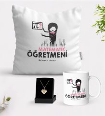 Kişiye Özel Matematik Öğretmeni Beyaz Kupa Yastık ve İsimli Papatya Kolye Hediye Seti-1
