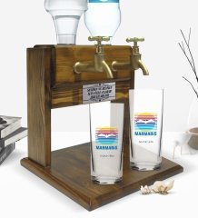Kişiye Özel Renkli Baskılı Marmaris Tasarımlı Turistik İkili Rakı Bardağı ve Çift Musluklu Doğal Ahşap Rakı Standı-1