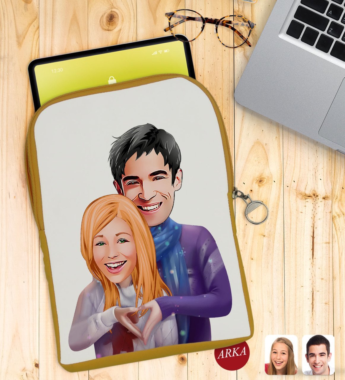 Kişiye Özel Sevgililer Karikatürlü Taşınabilir Koruyucu Tablet Kılıfı & Organizer Çanta - Sarı-89