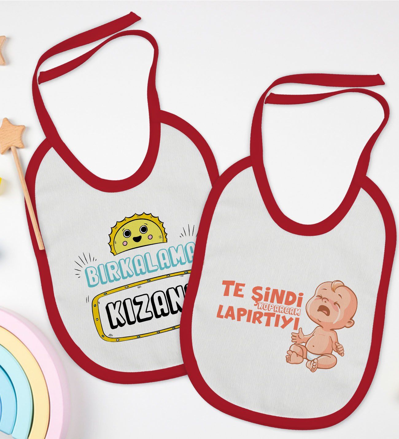 BK Kids Bırkalama ve Te Şindi Tasarımlı 2’li Kırmızı Mama Önlüğü-1