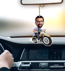 Kişiye Özel Bay Motorcu Karikatürlü Ahşap Araba Dikiz Ayna Süsü