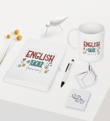 Kişiye Özel İngilizce Öğretmeni Temalı Beyaz Defter Kalem Kupa Ayna Seti - 5
