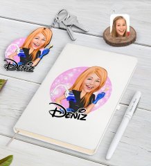 Kişiye Özel Kadın Güzellik Uzmanı Karikatürlü Beyaz Defter Kalem ve Anahtarlık Hediye Seti-2