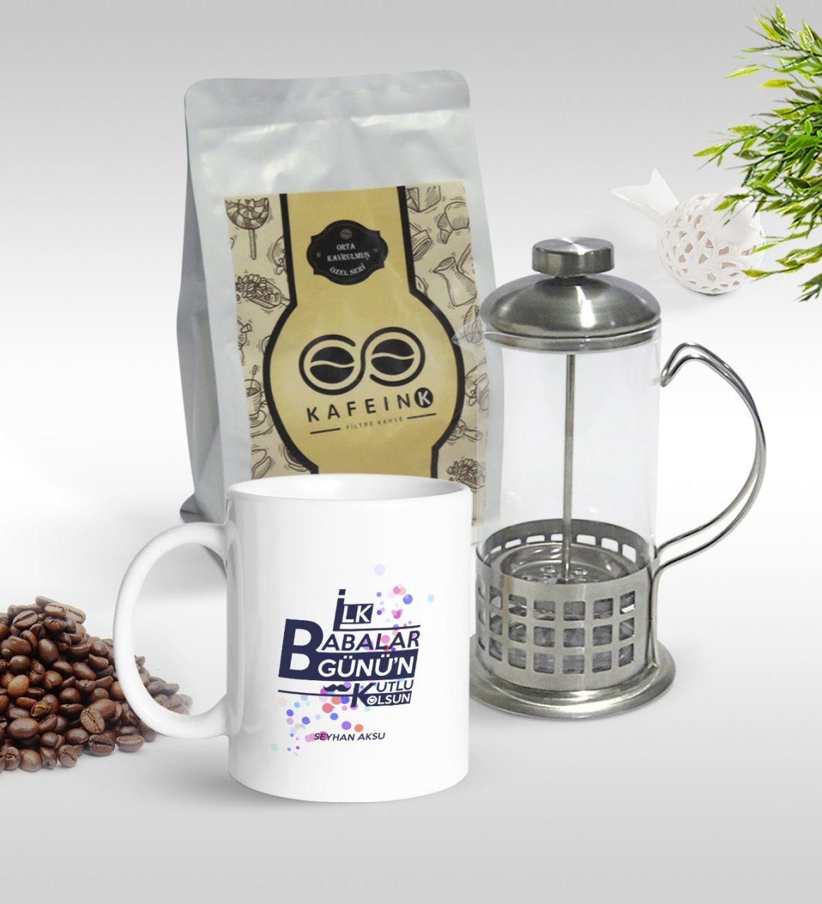 Kişiye Özel İlk Babalar Günü Tasarımlı Kupa & French Press & 250gr Filtre Kahve Hediye Seti-2