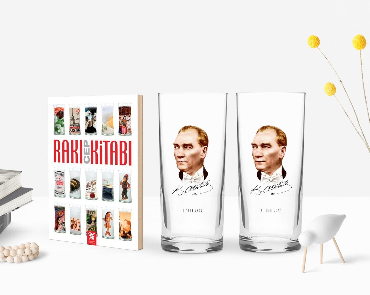 Kişiye Özel Renkli Baskılı Atatürk Temalı İkili Rakı Bardağı ve Rakı Cep Kitabı Hediye Seti-15