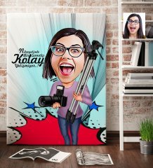 Kişiye Özel Bayan Fotoğraf Sanatçısı Karikatür Kanvas Tablo (70 x 100 cm.) 1