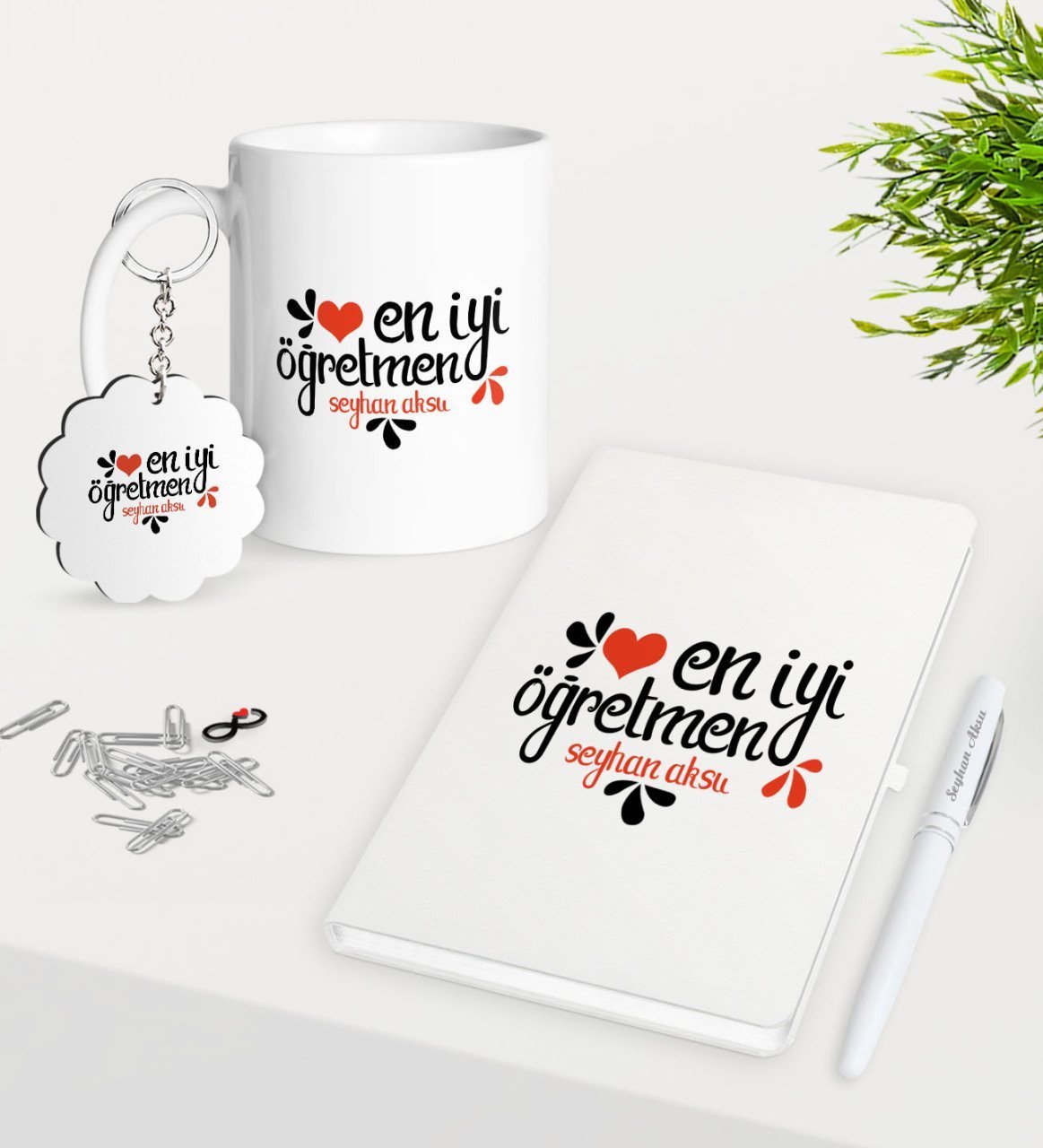 Kişiye Özel En İyi Öğretmen Kupa Anahtarlık Beyaz Defter Kalem Hediye Seti-6