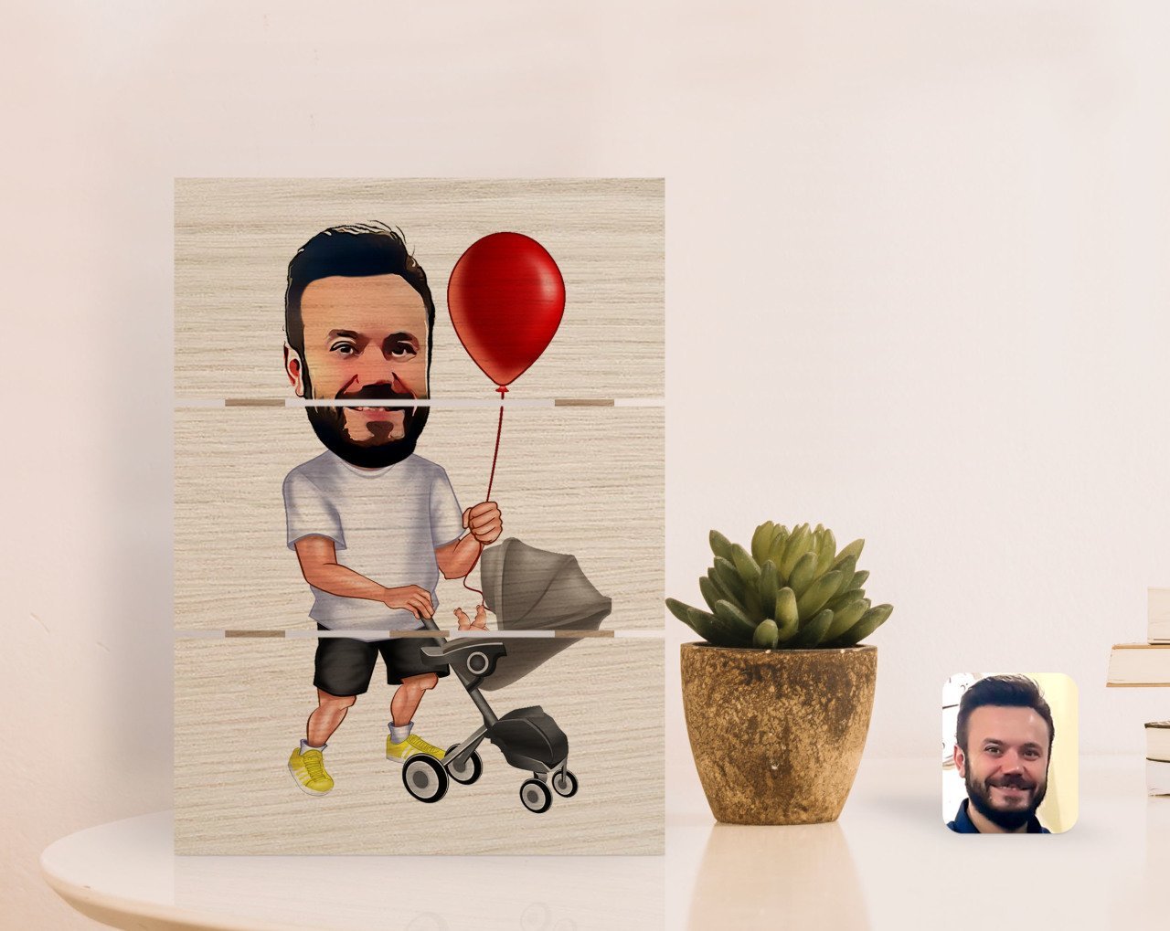 Kişiye Özel Aile Babası Karikatürlü Otantik Masaüstü Ahşap Palet Çerçeve-2