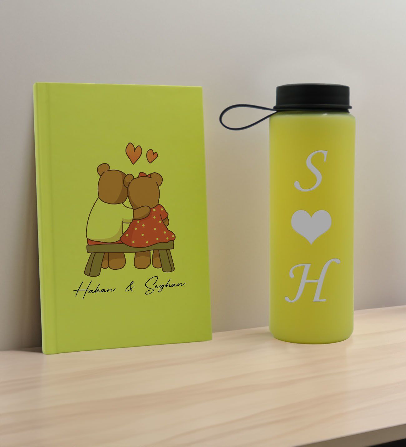 BK Gift Sevgiliye Özel İsimli Sarı Defter ve Cam Matara Hediye Seti-3, Sevgiliye Hediye, Sevgililer Günü, Yeni İş Hediyesi