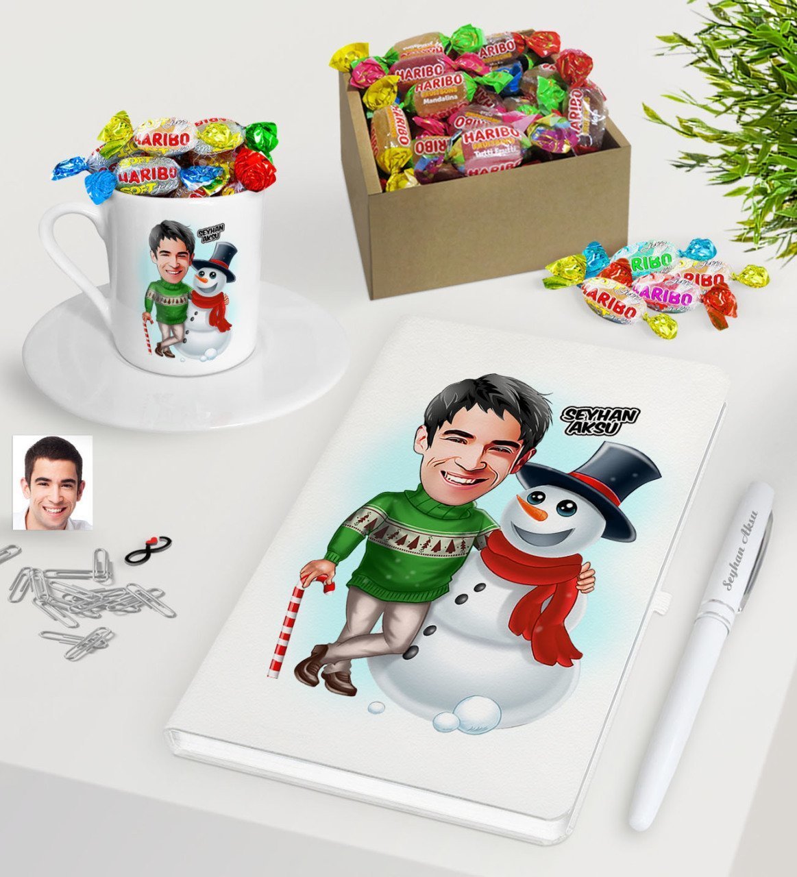 Kişiye Özel Erkek Yeni Yıl Karikatürlü Beyaz Defter Kalem Türk Kahvesi Fincanı ve Kutulu Haribo Şeker Hediye Seti-5