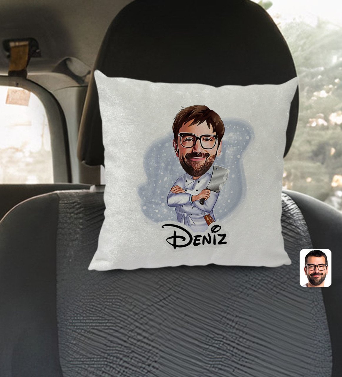 Kişiye Özel İsimli Erkek Kasap Karikatürlü Kare Araç Koltuk Yastığı-1