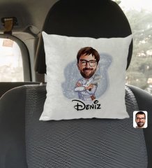 Kişiye Özel İsimli Erkek Kasap Karikatürlü Kare Araç Koltuk Yastığı-1