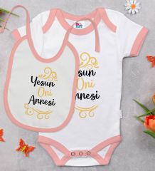 BK Kids Yesun Oni Annesi Tasarımlı Pembe Bebek Body Zıbın ve Mama Önlüğü Hediye Seti-1