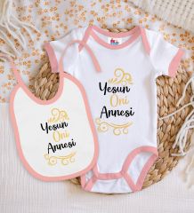 BK Kids Yesun Oni Annesi Tasarımlı Pembe Bebek Body Zıbın ve Mama Önlüğü Hediye Seti-1