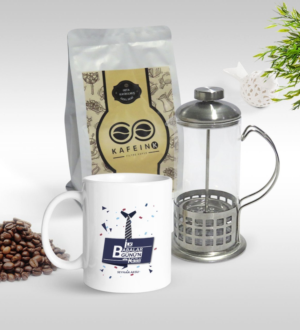 Kişiye Özel İlk Babalar Günü Tasarımlı Kupa & French Press & 250gr Filtre Kahve Hediye Seti-1