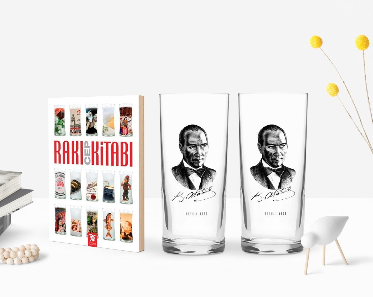 Kişiye Özel Renkli Baskılı Atatürk Temalı İkili Rakı Bardağı ve Rakı Cep Kitabı Hediye Seti-14