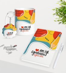 Kişiye Özel En İyi Öğretmen Kupa Anahtarlık Beyaz Defter Kalem Hediye Seti-5