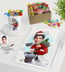 Kişiye Özel Erkek Yeni Yıl Karikatürlü Beyaz Defter Kalem Türk Kahvesi Fincanı ve Kutulu Haribo Şeker Hediye Seti-2